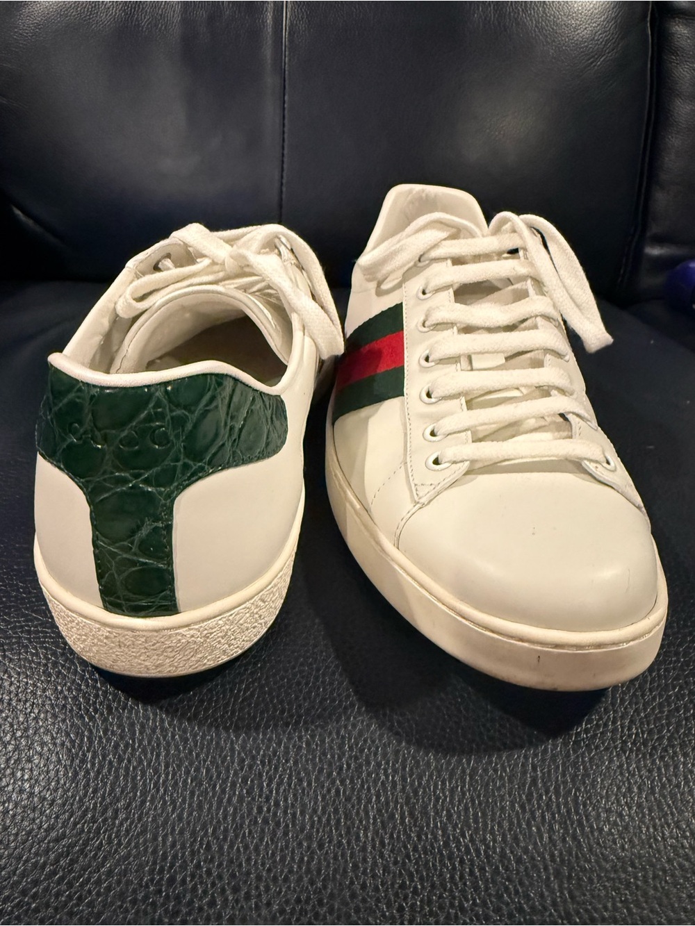 GUCCI Brooklin White Leather Web Low-Top Sneakers w/Green & Red Stripe G9/US 10